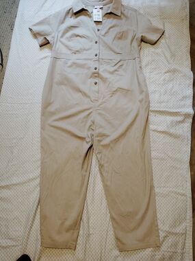 Isabel Short-Sleeve Khaki 4 Pocket  Button-Front Jumpsuit